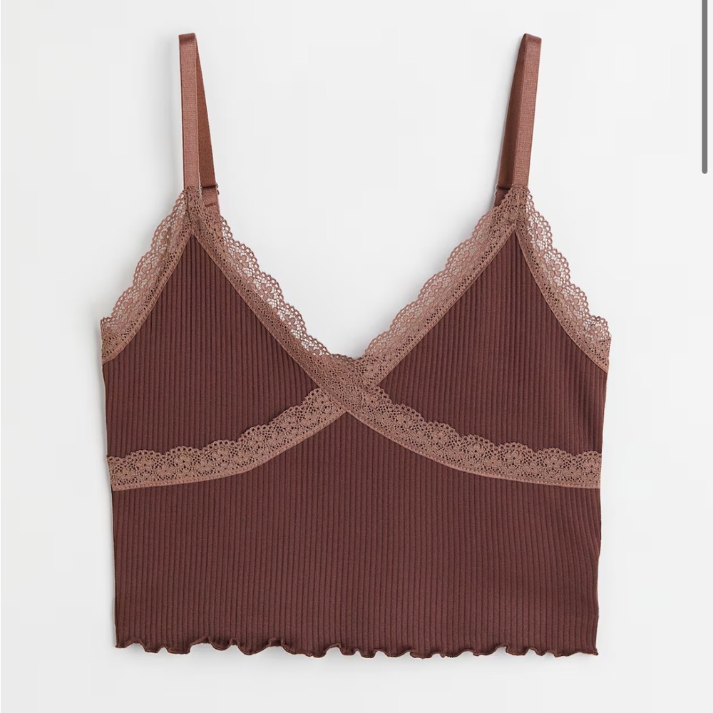 H&M Ribbed Lace Trim Cami Camisole Crop Tank Top Dark Brown